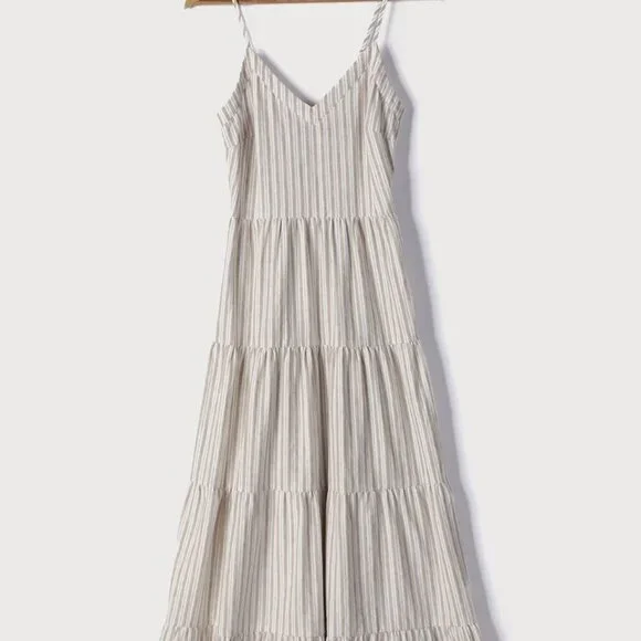 Lulus Beauty at the Beach Tan Striped Tiered Tassel Maxi Dress NWT - Picture 2 of 11